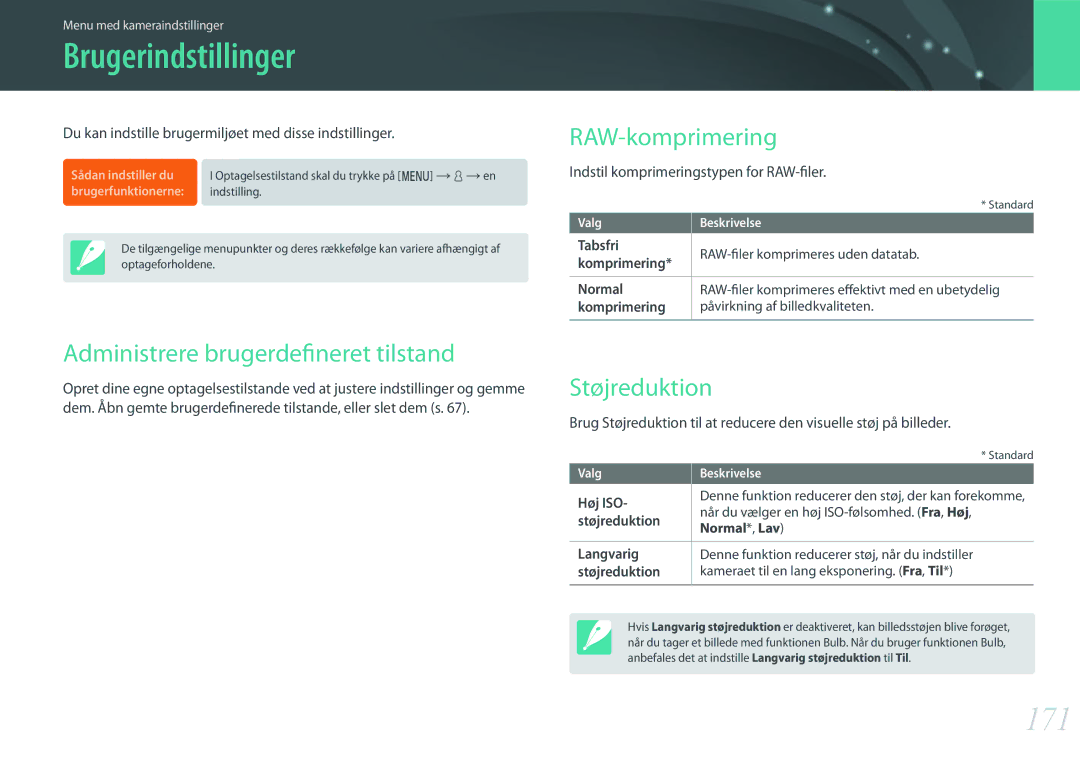 Samsung EV-NX500ZBMISE Brugerindstillinger, 171, RAW-komprimering, Administrere brugerdefineret tilstand, Støjreduktion 