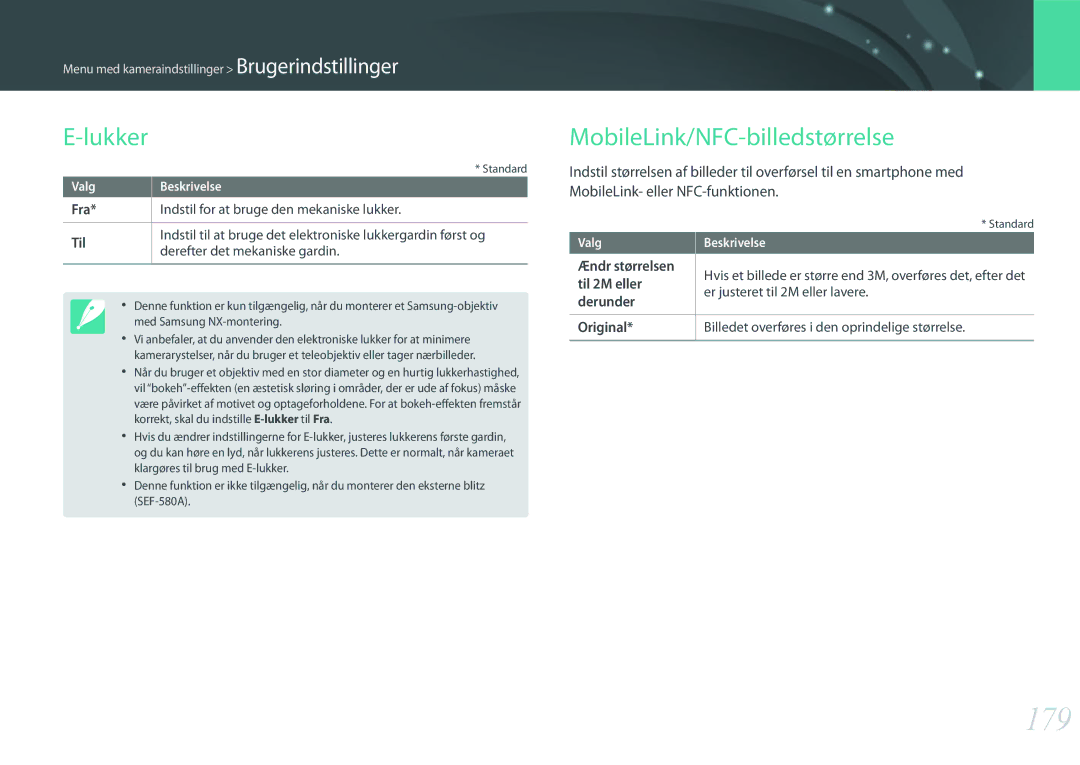 Samsung EV-NX500ZBMHDK, EV-NX500ZBMIDK, EV-NX500ZBMJDK, EV-NX500ZBMHSE manual 179, Lukker, MobileLink/NFC-billedstørrelse 