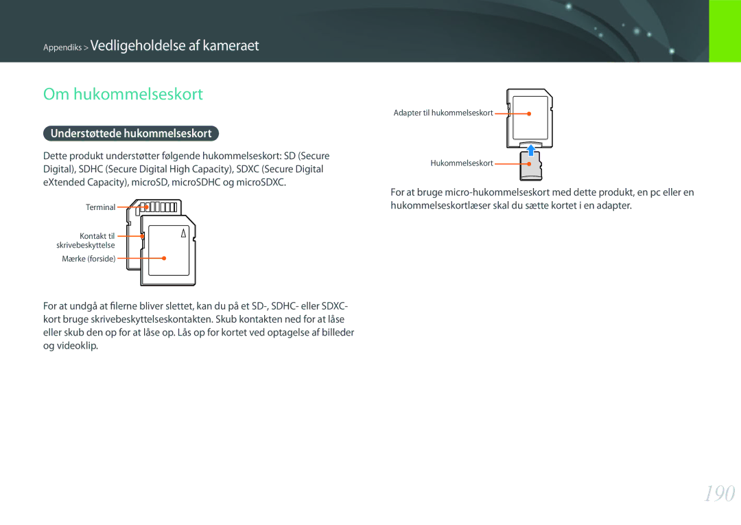 Samsung EV-NX500ZBMJSE, EV-NX500ZBMHDK, EV-NX500ZBMIDK manual 190, Om hukommelseskort, Understøttede hukommelseskort 