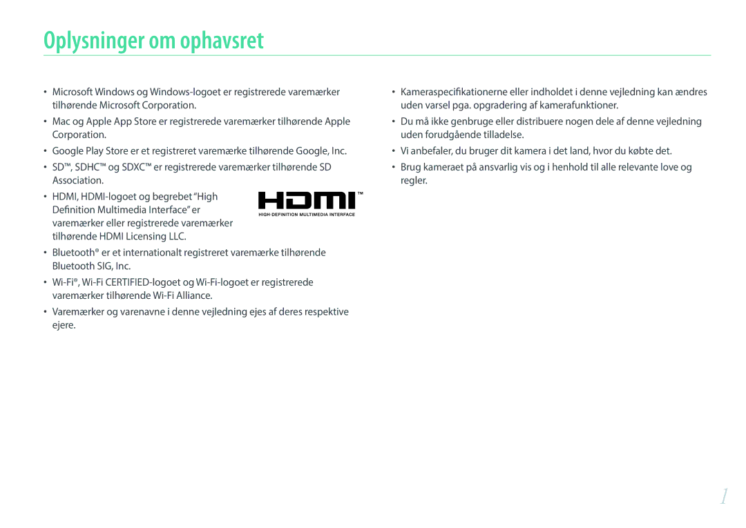 Samsung EV-NX500ZBMJDK, EV-NX500ZBMHDK, EV-NX500ZBMIDK, EV-NX500ZBMHSE, EV-NX500ZBMISE manual Oplysninger om ophavsret 