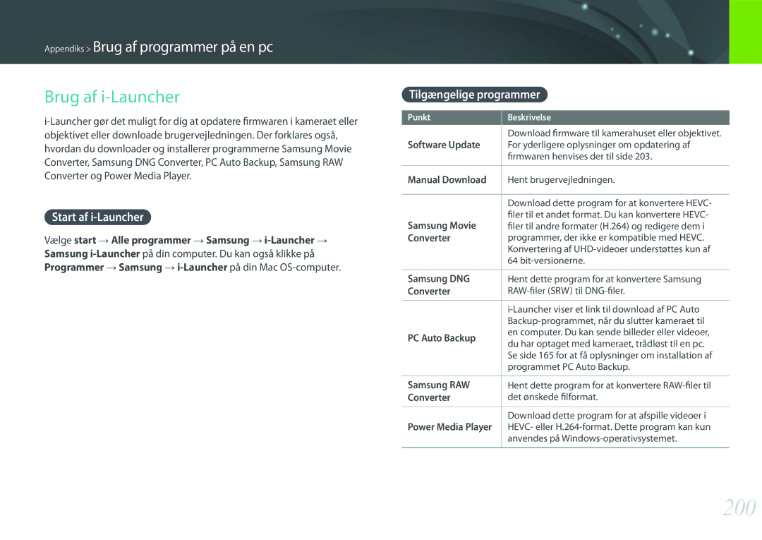 Samsung EV-NX500ZBMHSE, EV-NX500ZBMHDK manual 200, Brug af i-Launcher, Start af i-Launcher, Tilgængelige programmer 