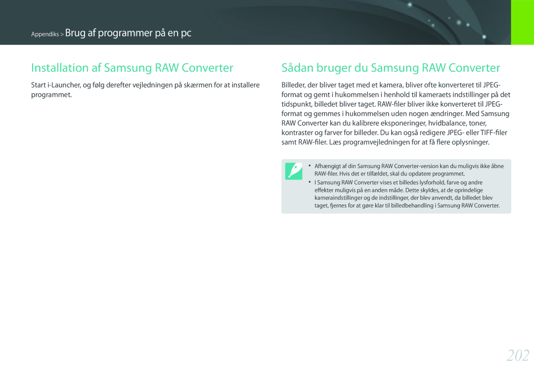 Samsung EV-NX500ZBMJSE, EV-NX500ZBMHDK, EV-NX500ZBMIDK manual 202, Installation af Samsung RAW Converter, Programmet 