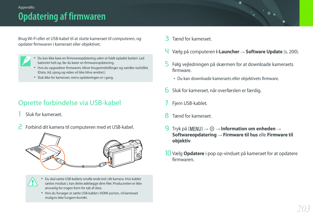 Samsung EV-NX500ZBMHDK, EV-NX500ZBMIDK, EV-NX500ZBMJDK manual Opdatering af firmwaren, 203, Oprette forbindelse via USB-kabel 