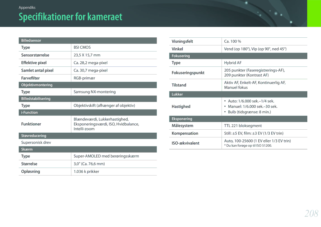 Samsung EV-NX500ZBMJSE, EV-NX500ZBMHDK, EV-NX500ZBMIDK, EV-NX500ZBMJDK, EV-NX500ZBMHSE manual Specifikationer for kameraet, 208 