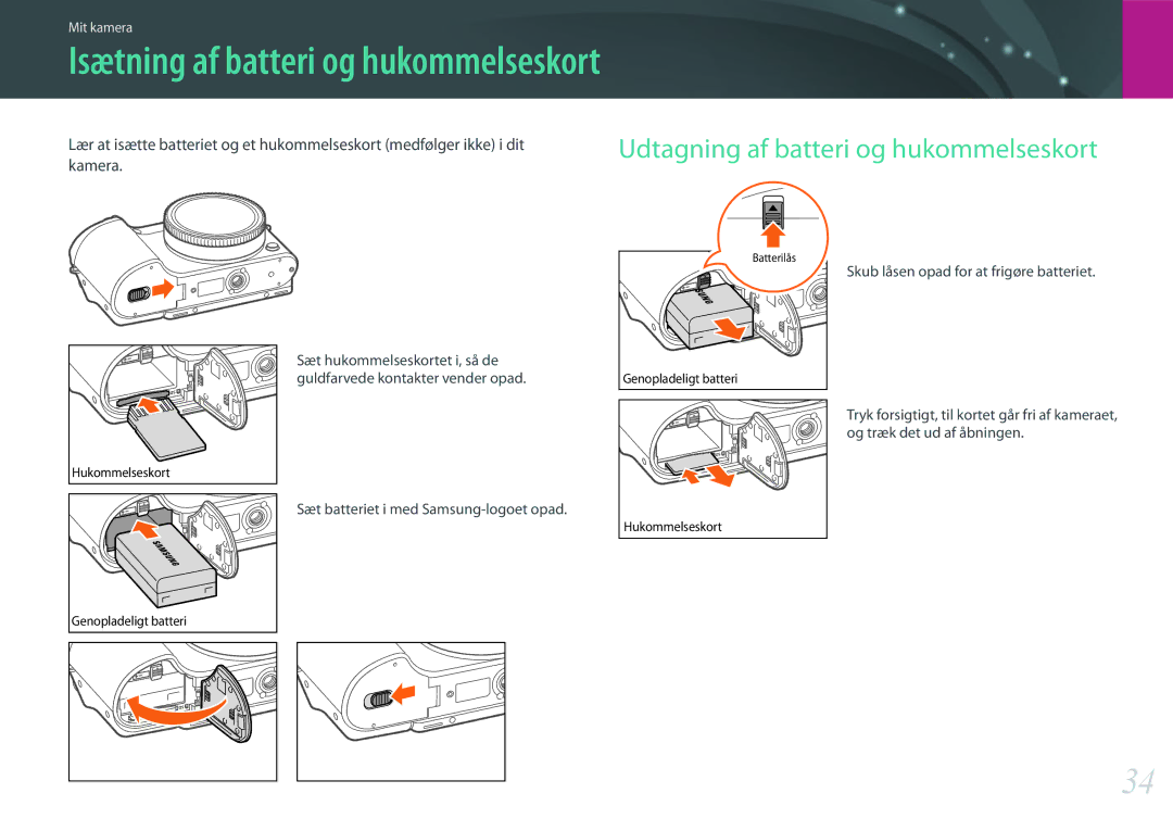 Samsung EV-NX500ZBMJSE, EV-NX500ZBMHDK Isætning af batteri og hukommelseskort, Udtagning af batteri og hukommelseskort 