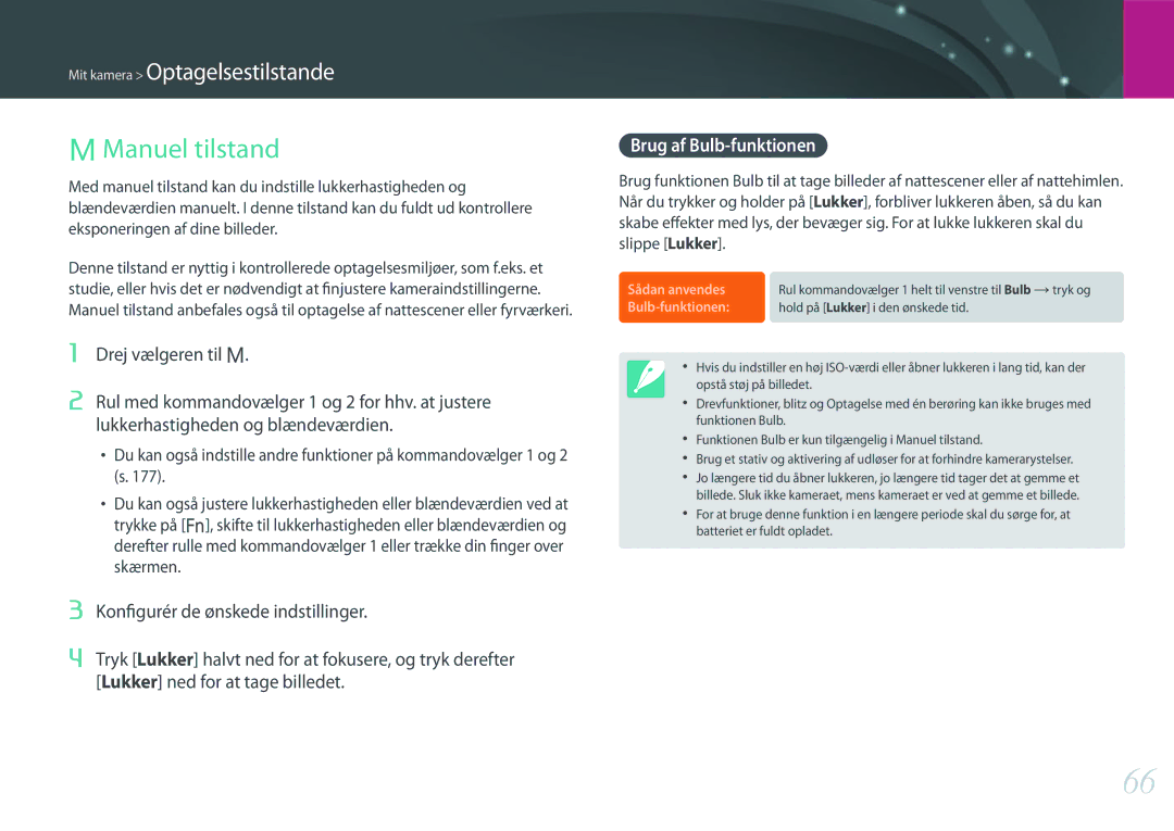Samsung EV-NX500ZBMIDK, EV-NX500ZBMHDK, EV-NX500ZBMJDK manual Manuel tilstand, Brug af Bulb-funktionen, Sådan anvendes 