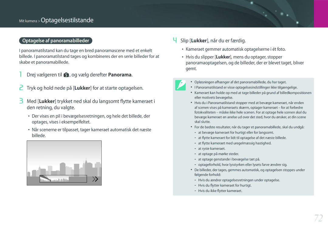 Samsung EV-NX500ZBMIDK, EV-NX500ZBMHDK, EV-NX500ZBMJDK manual Optagelse af panoramabilleder, Slip Lukker, når du er færdig 