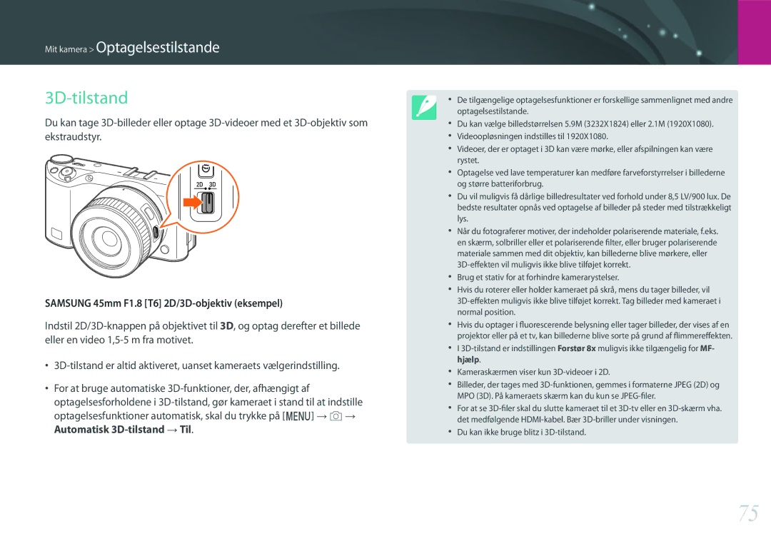 Samsung EV-NX500ZBMISE, EV-NX500ZBMHDK, EV-NX500ZBMIDK manual 3D-tilstand, Samsung 45mm F1.8 T6 2D/3D-objektiv eksempel 