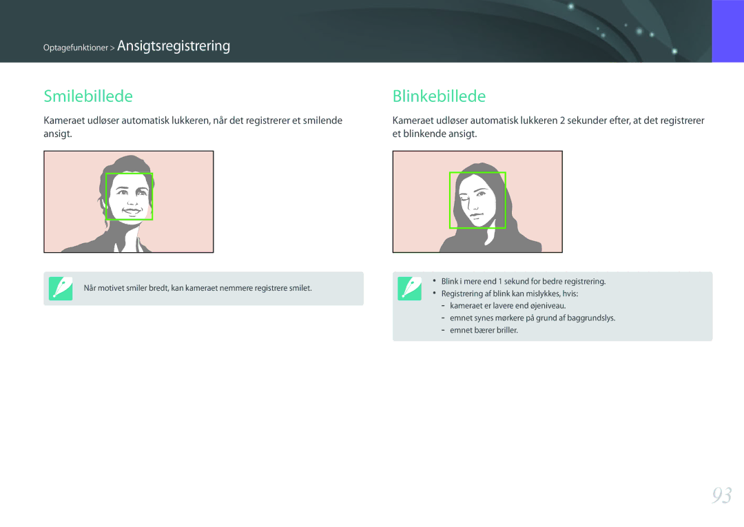 Samsung EV-NX500ZBMISE, EV-NX500ZBMHDK, EV-NX500ZBMIDK manual Smilebillede Blinkebillede, Ansigt Et blinkende ansigt 