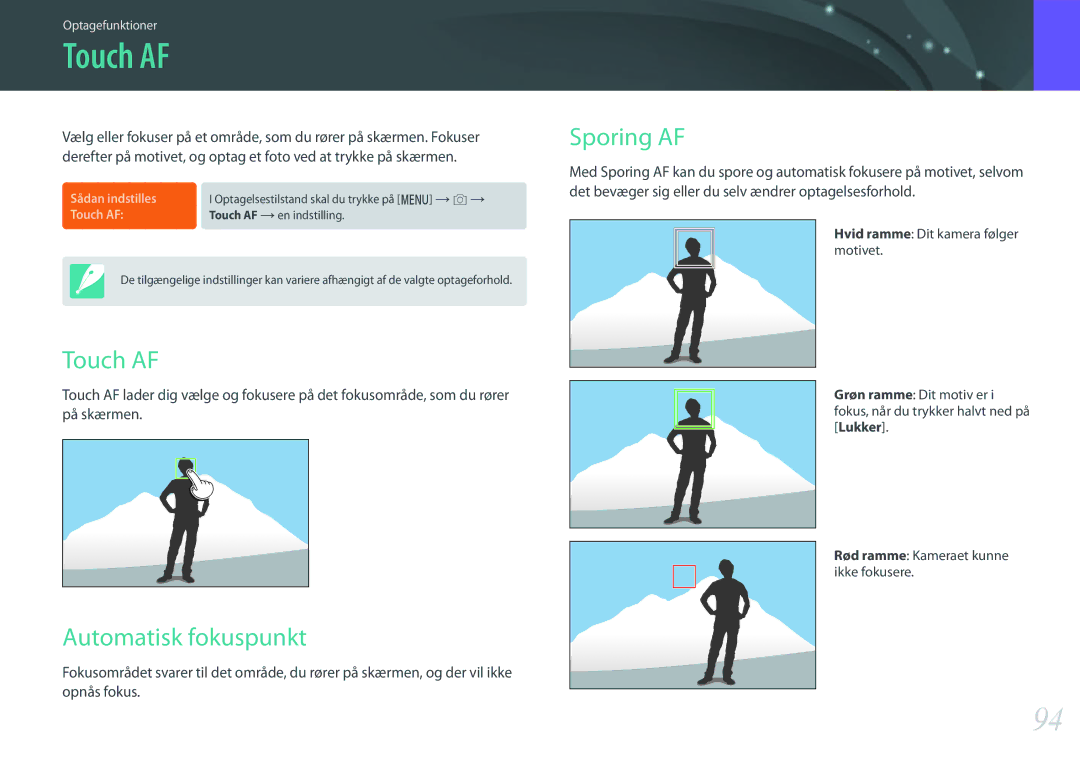 Samsung EV-NX500ZBMJSE, EV-NX500ZBMHDK, EV-NX500ZBMIDK, EV-NX500ZBMJDK manual Touch AF, Automatisk fokuspunkt, Sporing AF 