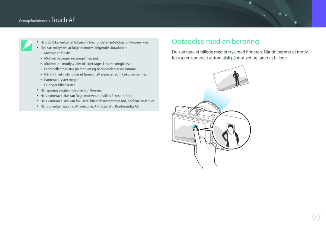 Samsung EV-NX500ZBMHDK, EV-NX500ZBMIDK, EV-NX500ZBMJDK, EV-NX500ZBMHSE Optagelse med én berøring, Optagefunktioner Touch AF 