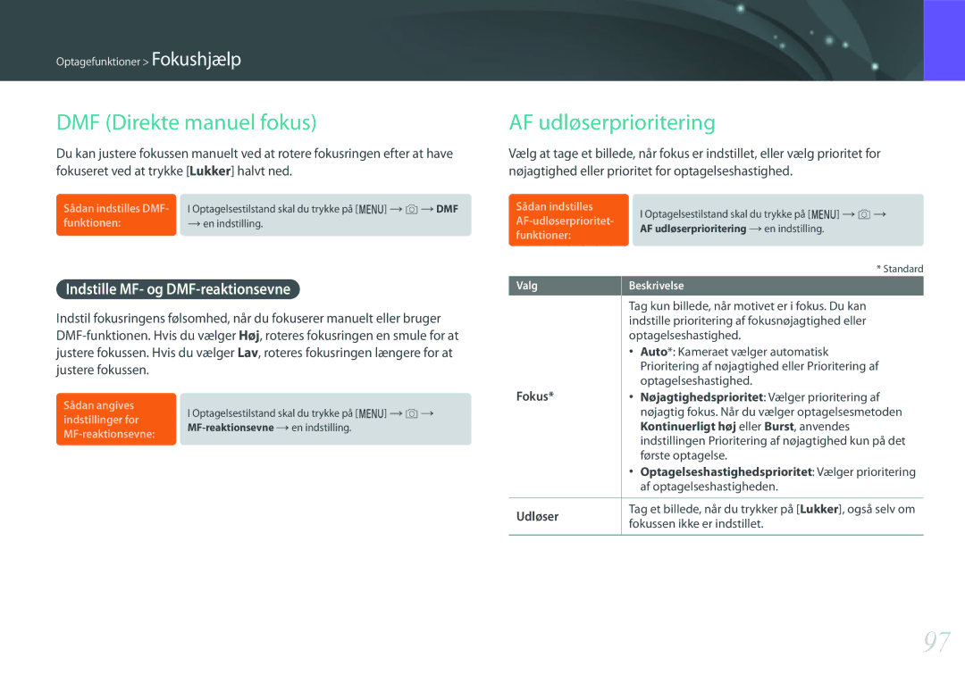 Samsung EV-NX500ZBMJDK manual DMF Direkte manuel fokus, AF udløserprioritering, Indstille MF- og DMF-reaktionsevne 