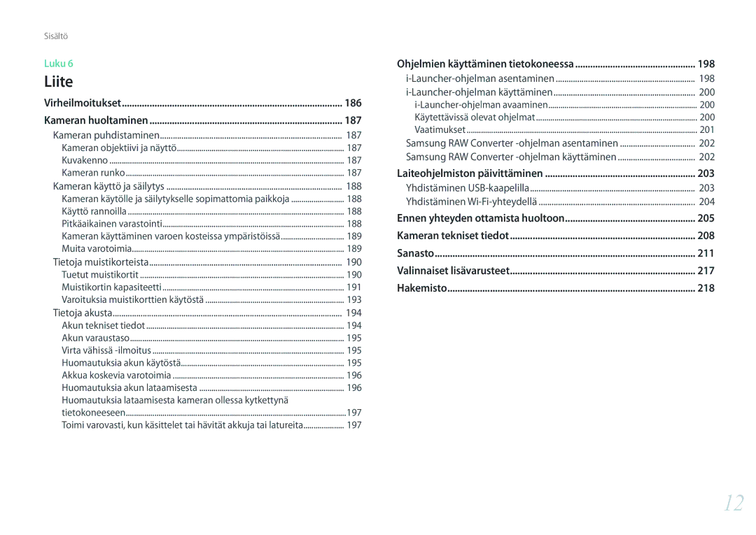 Samsung EV-NX500ZBMIDK, EV-NX500ZBMHDK, EV-NX500ZBMJDK, EV-NX500ZBMHSE manual 186, 187, 198, 203, 205, 208, 211, 217, 218 