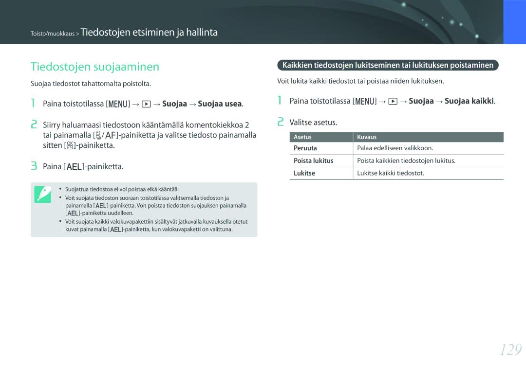 Samsung EV-NX500ZBMISE manual 129, Tiedostojen suojaaminen, Paina toistotilassa m z Suojaa Suojaa kaikki Valitse asetus 