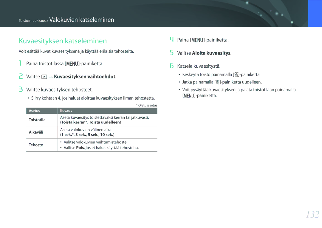 Samsung EV-NX500ZBMIDK manual 132, Kuvaesityksen katseleminen, Valitse kuvaesityksen tehosteet, Paina m-painiketta 