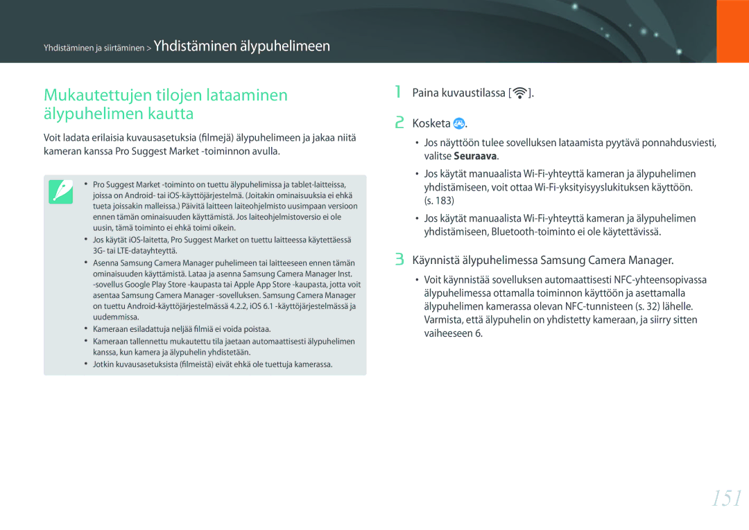 Samsung EV-NX500ZBMJDK manual 151, Mukautettujen tilojen lataaminen älypuhelimen kautta, Paina kuvaustilassa R Kosketa 