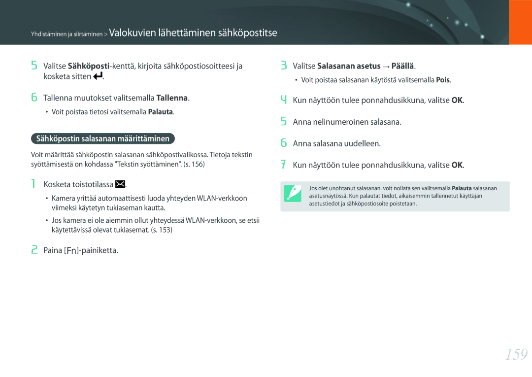 Samsung EV-NX500ZBMISE, EV-NX500ZBMHDK, EV-NX500ZBMIDK, EV-NX500ZBMJDK manual 159, Sähköpostin salasanan määrittäminen 