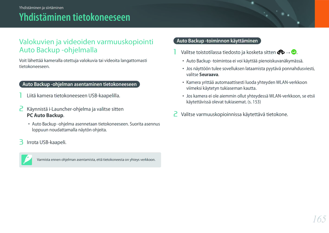 Samsung EV-NX500ZBMISE manual 165, Auto Backup -ohjelman asentaminen tietokoneeseen, Auto Backup -toiminnon käyttäminen 