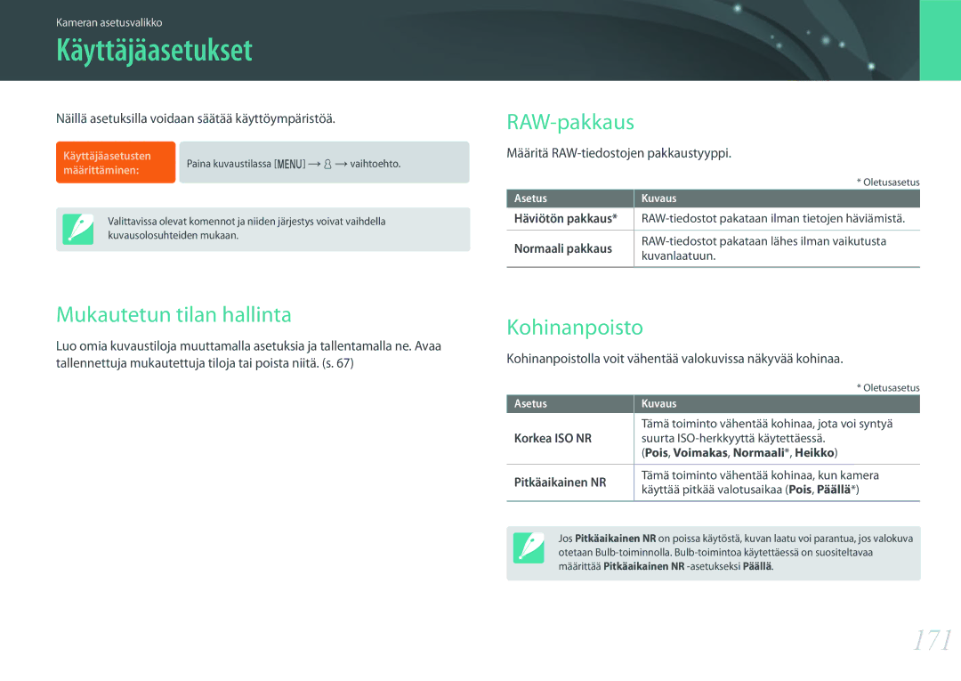 Samsung EV-NX500ZBMISE, EV-NX500ZBMHDK manual Käyttäjäasetukset, 171, RAW-pakkaus, Mukautetun tilan hallinta, Kohinanpoisto 