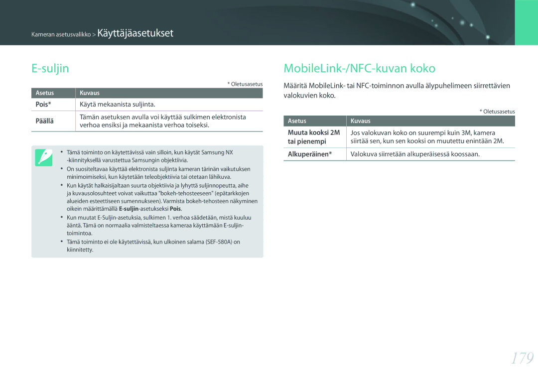 Samsung EV-NX500ZBMHDK, EV-NX500ZBMIDK, EV-NX500ZBMJDK, EV-NX500ZBMHSE manual 179, Suljin, MobileLink-/NFC-kuvan koko 