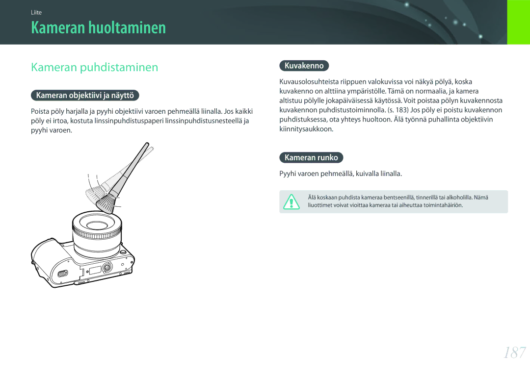 Samsung EV-NX500ZBMJDK, EV-NX500ZBMHDK, EV-NX500ZBMIDK, EV-NX500ZBMHSE manual Kameran huoltaminen, 187, Kameran puhdistaminen 