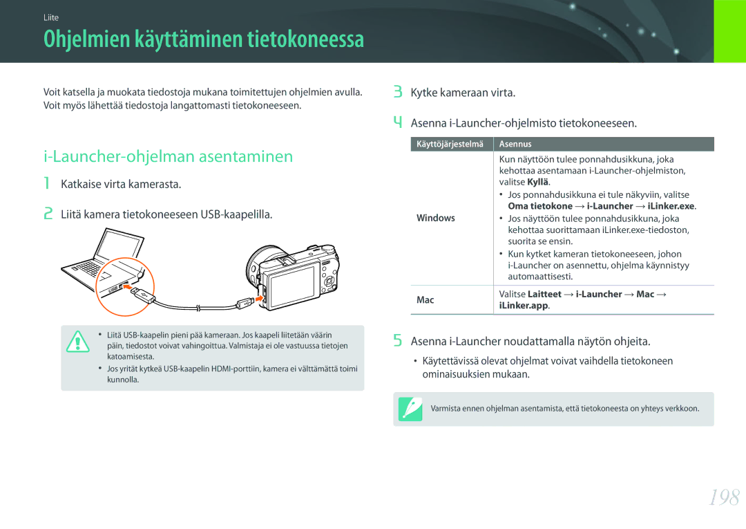 Samsung EV-NX500ZBMIDK, EV-NX500ZBMHDK 198, Launcher-ohjelman asentaminen, Asenna i-Launcher noudattamalla näytön ohjeita 