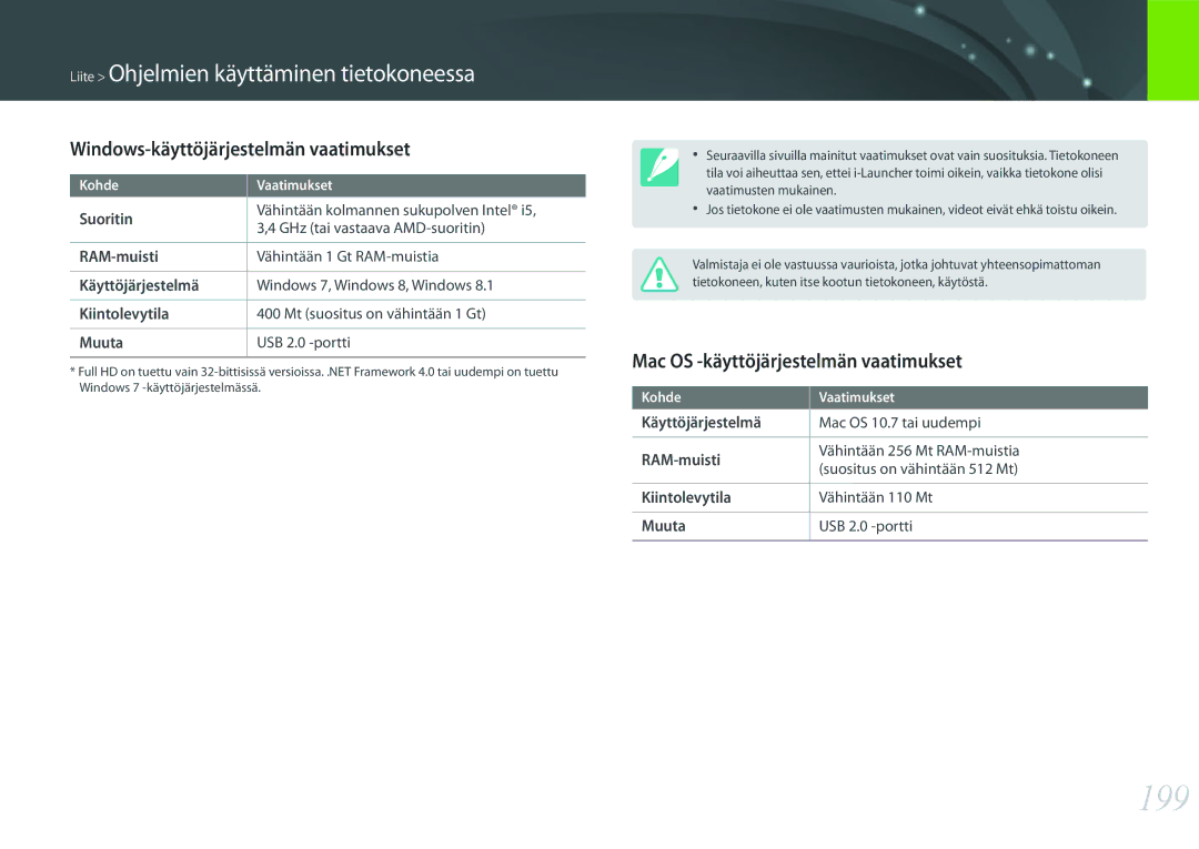 Samsung EV-NX500ZBMJDK, EV-NX500ZBMHDK 199, Windows-käyttöjärjestelmän vaatimukset, Mac OS -käyttöjärjestelmän vaatimukset 