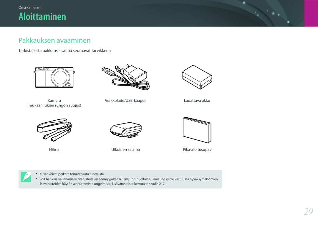 Samsung EV-NX500ZBMHDK manual Aloittaminen, Pakkauksen avaaminen, Tarkista, että pakkaus sisältää seuraavat tarvikkeet 