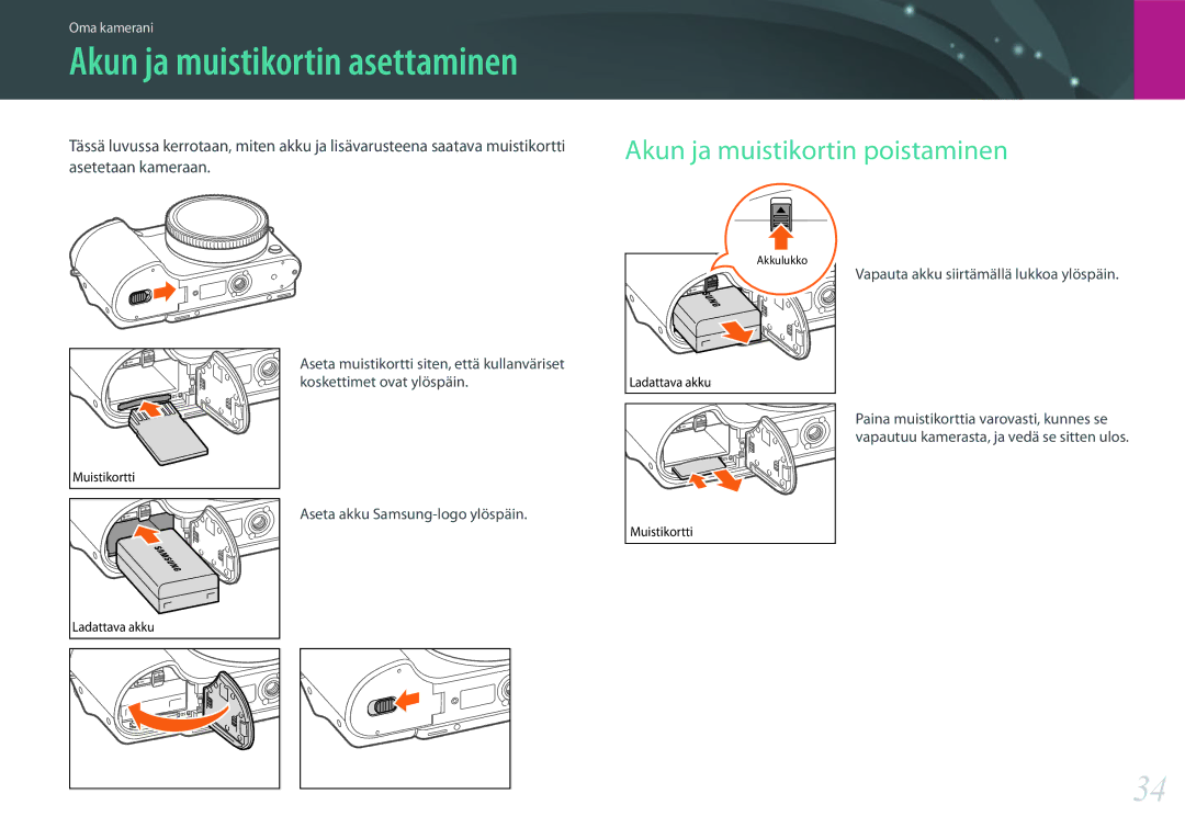 Samsung EV-NX500ZBMJSE, EV-NX500ZBMHDK, EV-NX500ZBMIDK Akun ja muistikortin asettaminen, Akun ja muistikortin poistaminen 