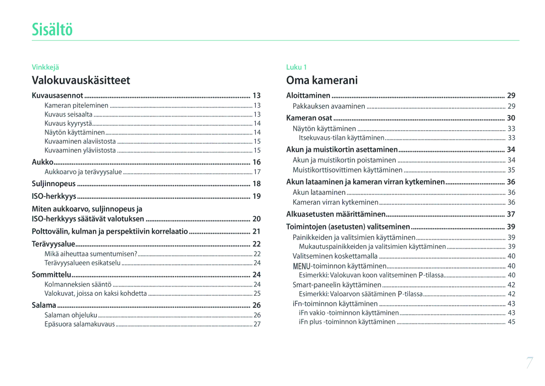 Samsung EV-NX500ZBMJDK, EV-NX500ZBMHDK, EV-NX500ZBMIDK, EV-NX500ZBMHSE, EV-NX500ZBMISE manual Sisältö, Valokuvauskäsitteet 