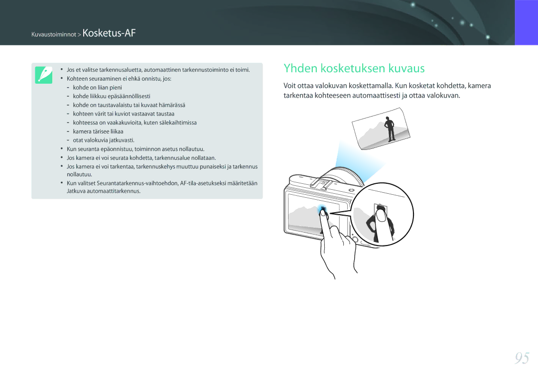 Samsung EV-NX500ZBMHDK, EV-NX500ZBMIDK, EV-NX500ZBMJDK, EV-NX500ZBMHSE Yhden kosketuksen kuvaus, Kuvaustoiminnot Kosketus-AF 