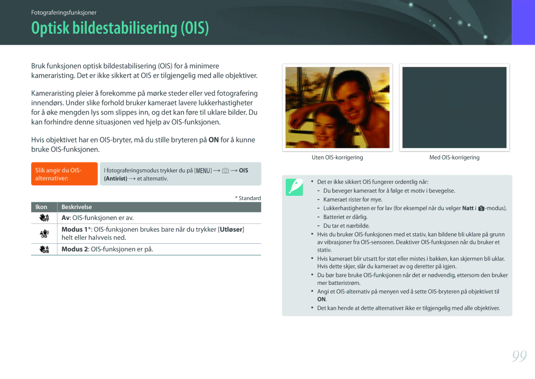 Samsung EV-NX500ZBMISE, EV-NX500ZBMHDK, EV-NX500ZBMIDK, EV-NX500ZBMJDK manual Optisk bildestabilisering OIS, Slik angir du OIS 