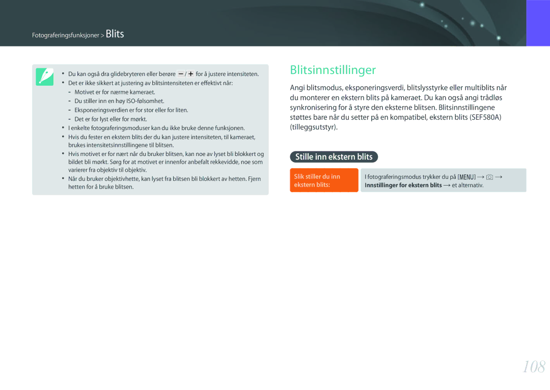 Samsung EV-NX500ZBMIDK, EV-NX500ZBMHDK, EV-NX500ZBMJDK 108, Blitsinnstillinger, Stille inn ekstern blits, Ekstern blits 