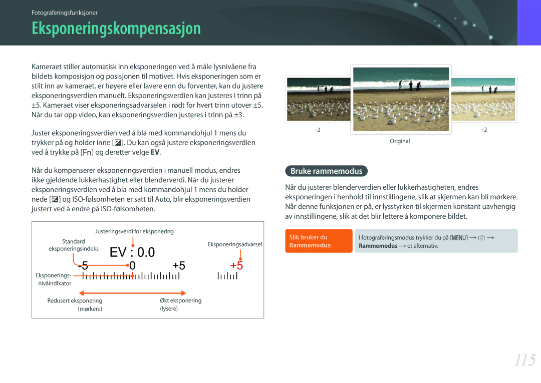 Samsung EV-NX500ZBMJDK, EV-NX500ZBMHDK, EV-NX500ZBMIDK manual Eksponeringskompensasjon, 115, Bruke rammemodus, Rammemodus 