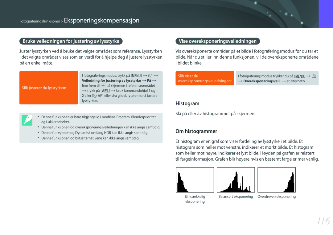 Samsung EV-NX500ZBMHSE, EV-NX500ZBMHDK manual 116, Histogram, Om histogrammer, Bruke veiledningen for justering av lysstyrke 