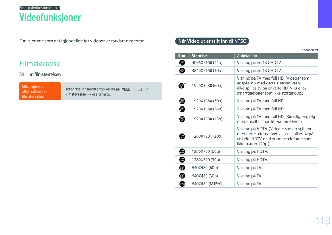 Samsung EV-NX500ZBMHDK Videofunksjoner, 119, Filmstørrelse, Når Video ut er stilt inn til Ntsc, Still inn filmstørrelsen 