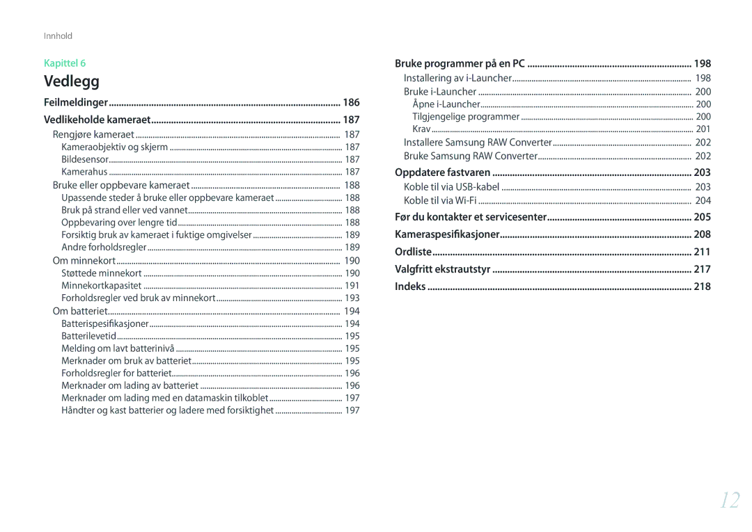 Samsung EV-NX500ZBMIDK, EV-NX500ZBMHDK, EV-NX500ZBMJDK, EV-NX500ZBMHSE manual 186, 187, 198, 203, 205, 208, 211, 217, 218 