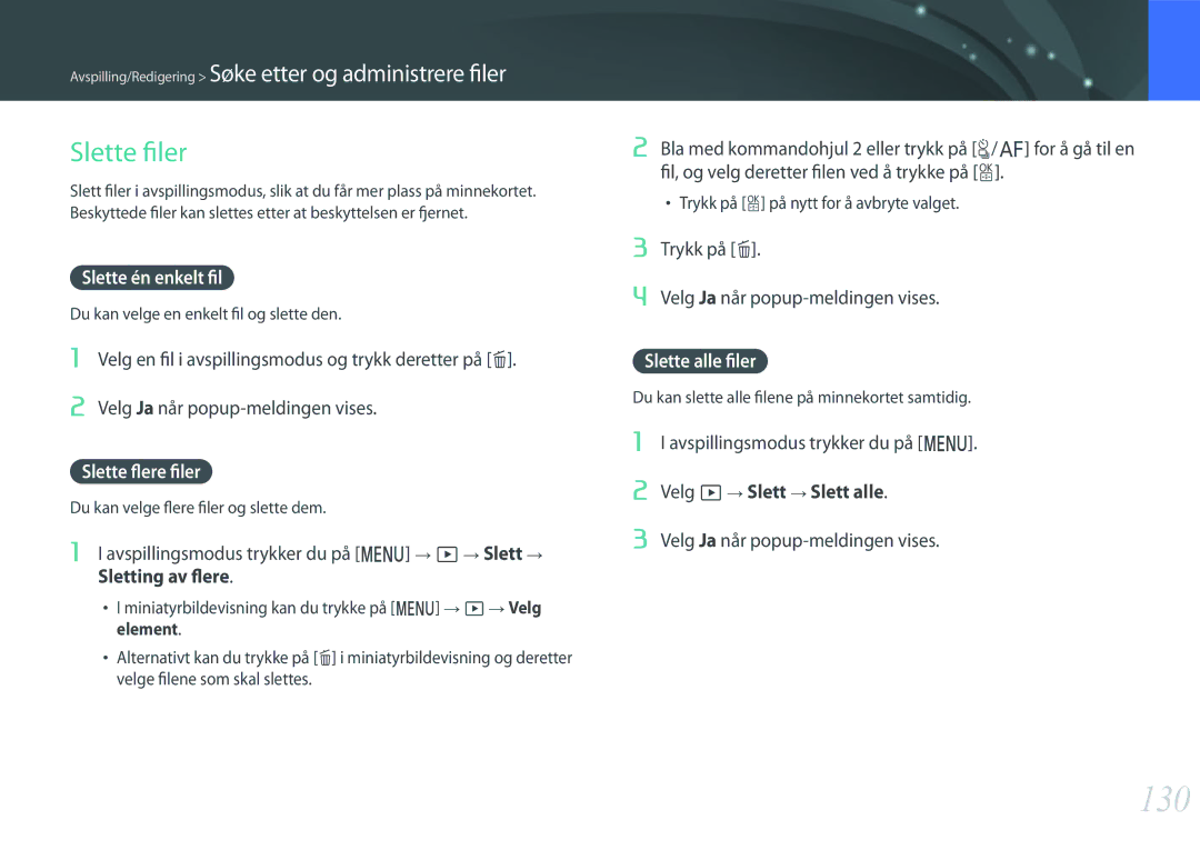 Samsung EV-NX500ZBMJSE, EV-NX500ZBMHDK manual 130, Slette filer, Slette én enkelt fil, Slette flere filer, Slette alle filer 