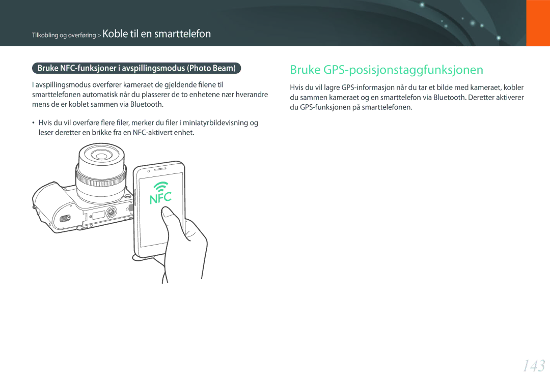 Samsung EV-NX500ZBMHDK manual 143, Bruke GPS-posisjonstaggfunksjonen, Bruke NFC-funksjoner i avspillingsmodus Photo Beam 