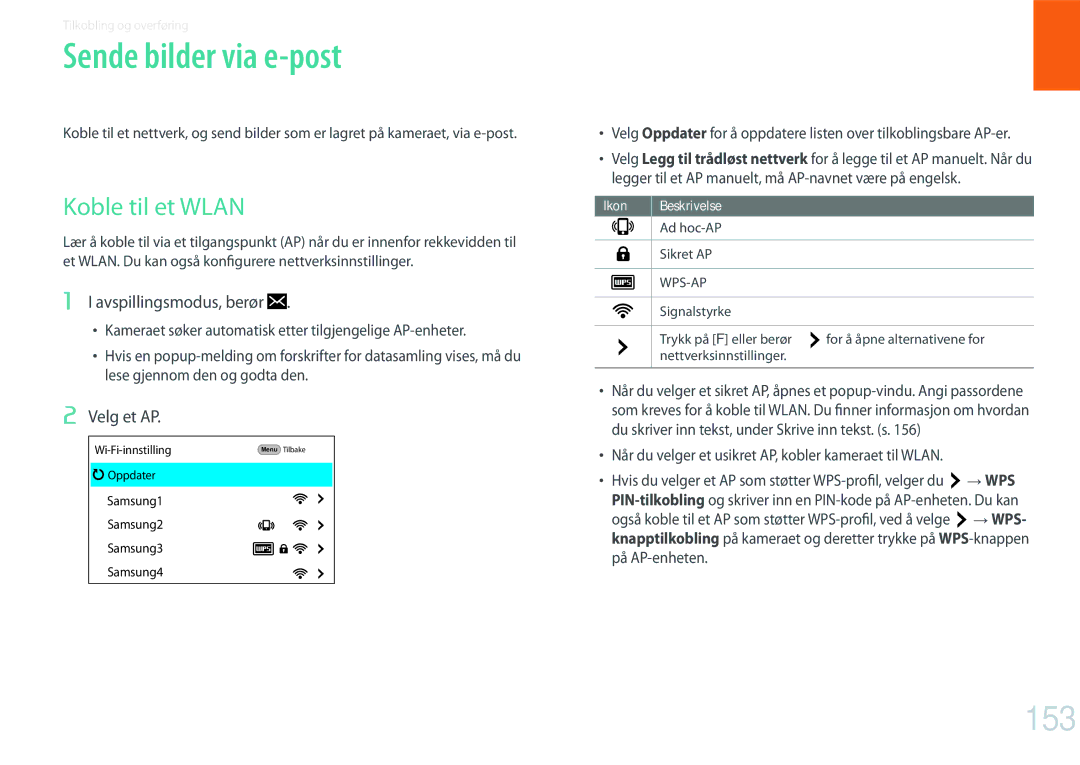 Samsung EV-NX500ZBMISE manual Sende bilder via e-post, 153, Koble til et Wlan, Avspillingsmodus, berør, Velg et AP 