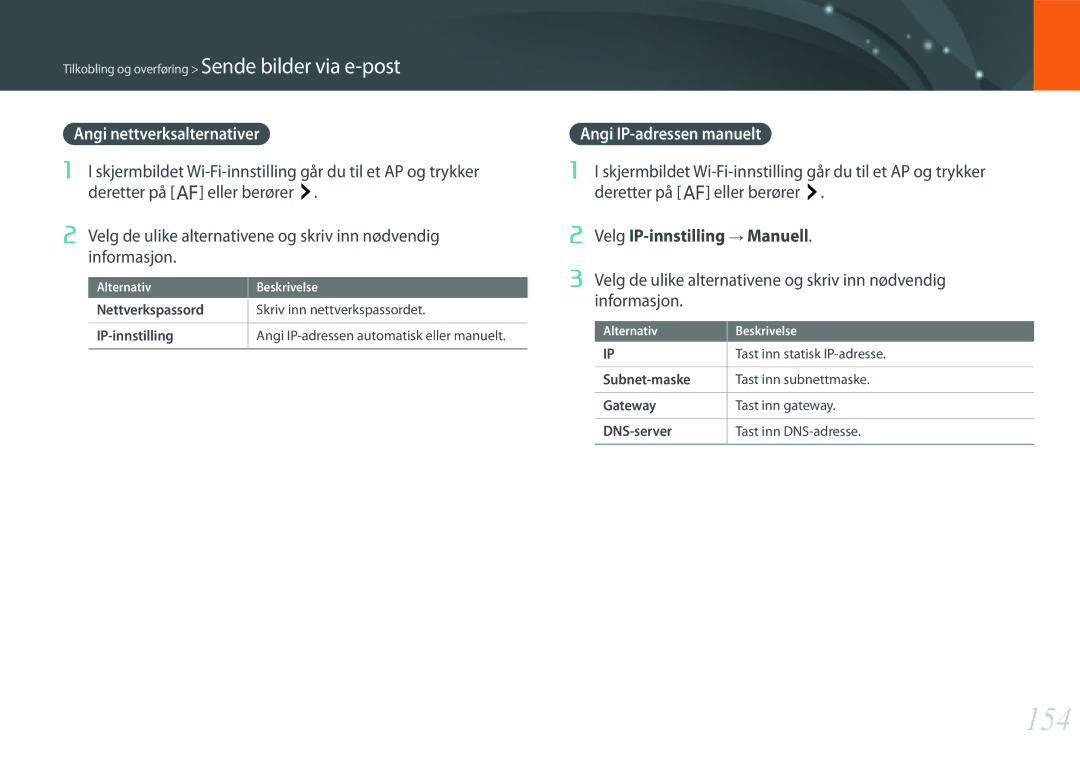 Samsung EV-NX500ZBMJSE, EV-NX500ZBMHDK, EV-NX500ZBMIDK manual 154, Angi nettverksalternativer, Angi IP-adressen manuelt 