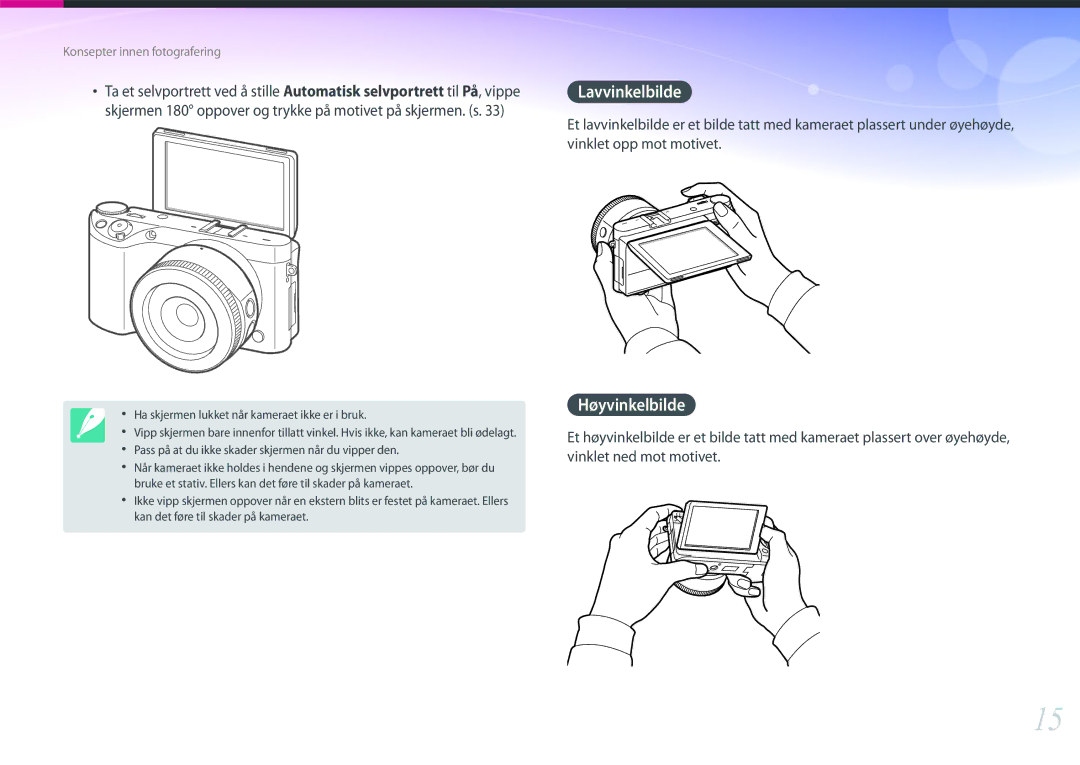 Samsung EV-NX500ZBMISE, EV-NX500ZBMHDK, EV-NX500ZBMIDK, EV-NX500ZBMJDK, EV-NX500ZBMHSE manual Lavvinkelbilde, Høyvinkelbilde 