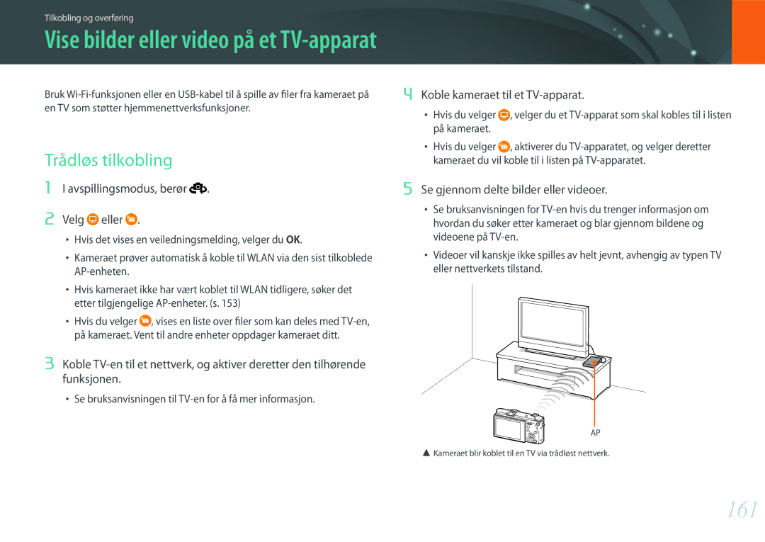 Samsung EV-NX500ZBMHDK manual 161, Trådløs tilkobling, Avspillingsmodus, berør Velg eller, Koble kameraet til et TV-apparat 