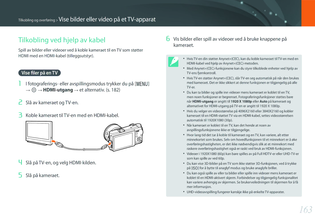 Samsung EV-NX500ZBMJDK, EV-NX500ZBMHDK, EV-NX500ZBMIDK manual 163, Tilkobling ved hjelp av kabel, Vise filer på en TV 