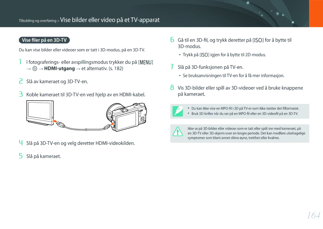 Samsung EV-NX500ZBMHSE, EV-NX500ZBMHDK, EV-NX500ZBMIDK manual 164, Vise filer på en 3D-TV, Slå på 3D-funksjonen på TV-en 