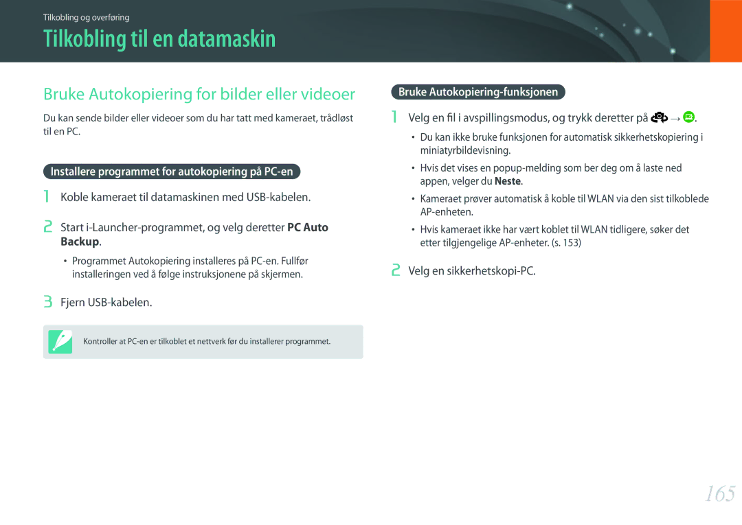 Samsung EV-NX500ZBMISE, EV-NX500ZBMHDK Tilkobling til en datamaskin, 165, Bruke Autokopiering for bilder eller videoer 