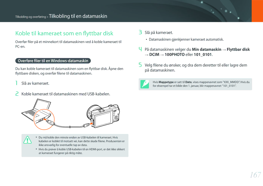 Samsung EV-NX500ZBMHDK manual 167, Koble til kameraet som en flyttbar disk, Overføre filer til en Windows-datamaskin 