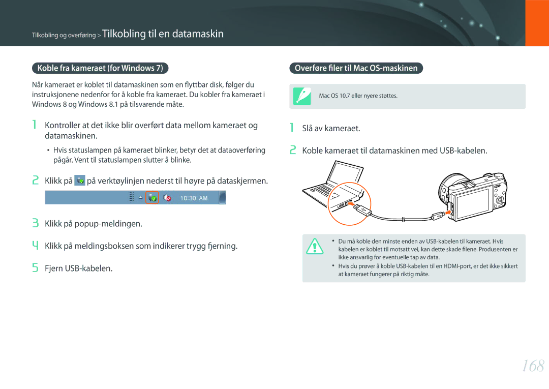 Samsung EV-NX500ZBMIDK, EV-NX500ZBMHDK manual 168, Koble fra kameraet for Windows, Overføre filer til Mac OS-maskinen 