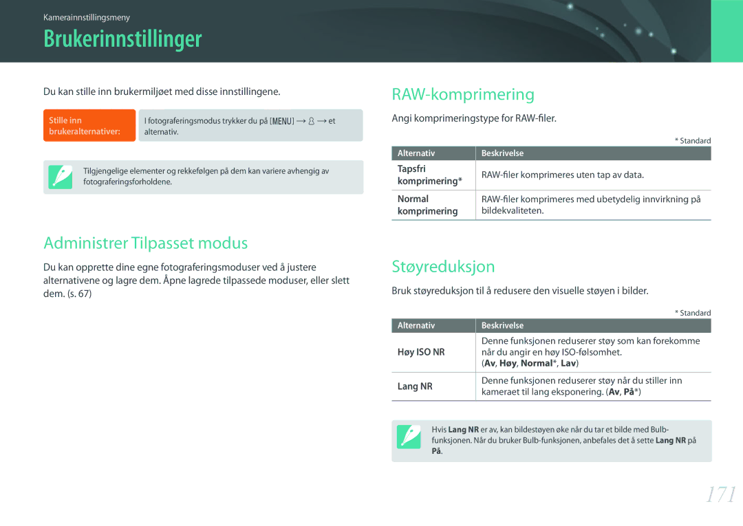 Samsung EV-NX500ZBMISE manual Brukerinnstillinger, 171, Administrer Tilpasset modus, RAW-komprimering, Støyreduksjon 