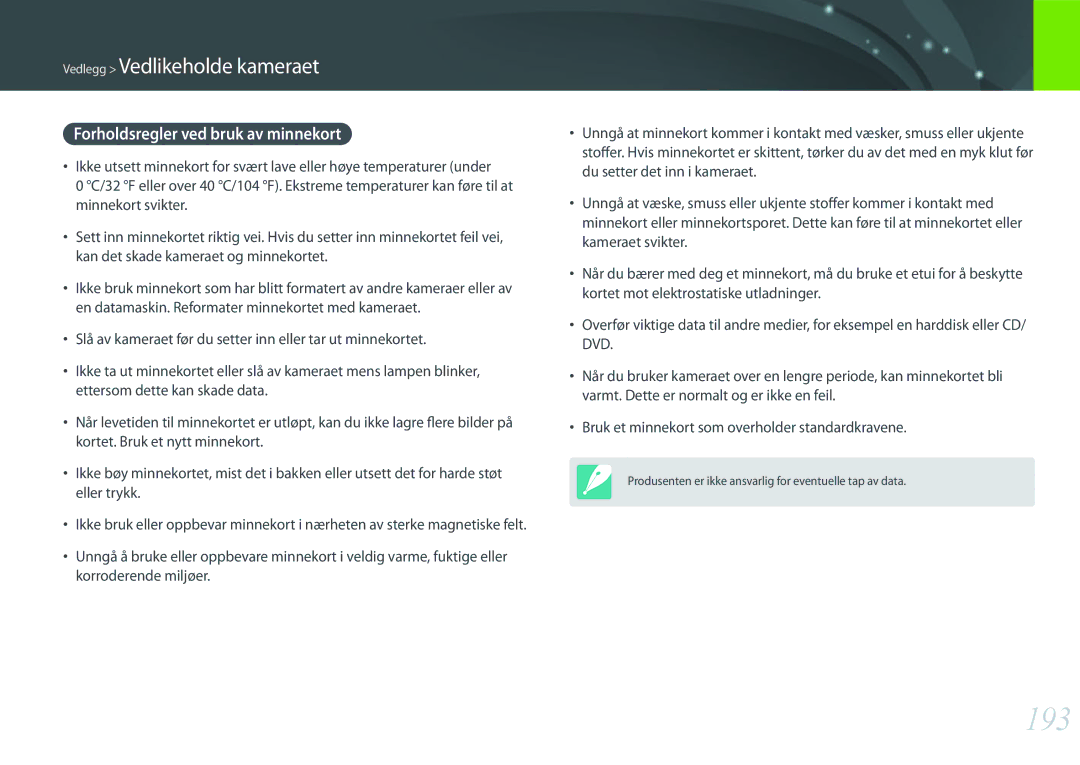 Samsung EV-NX500ZBMJDK, EV-NX500ZBMHDK, EV-NX500ZBMIDK, EV-NX500ZBMHSE manual 193, Forholdsregler ved bruk av minnekort 